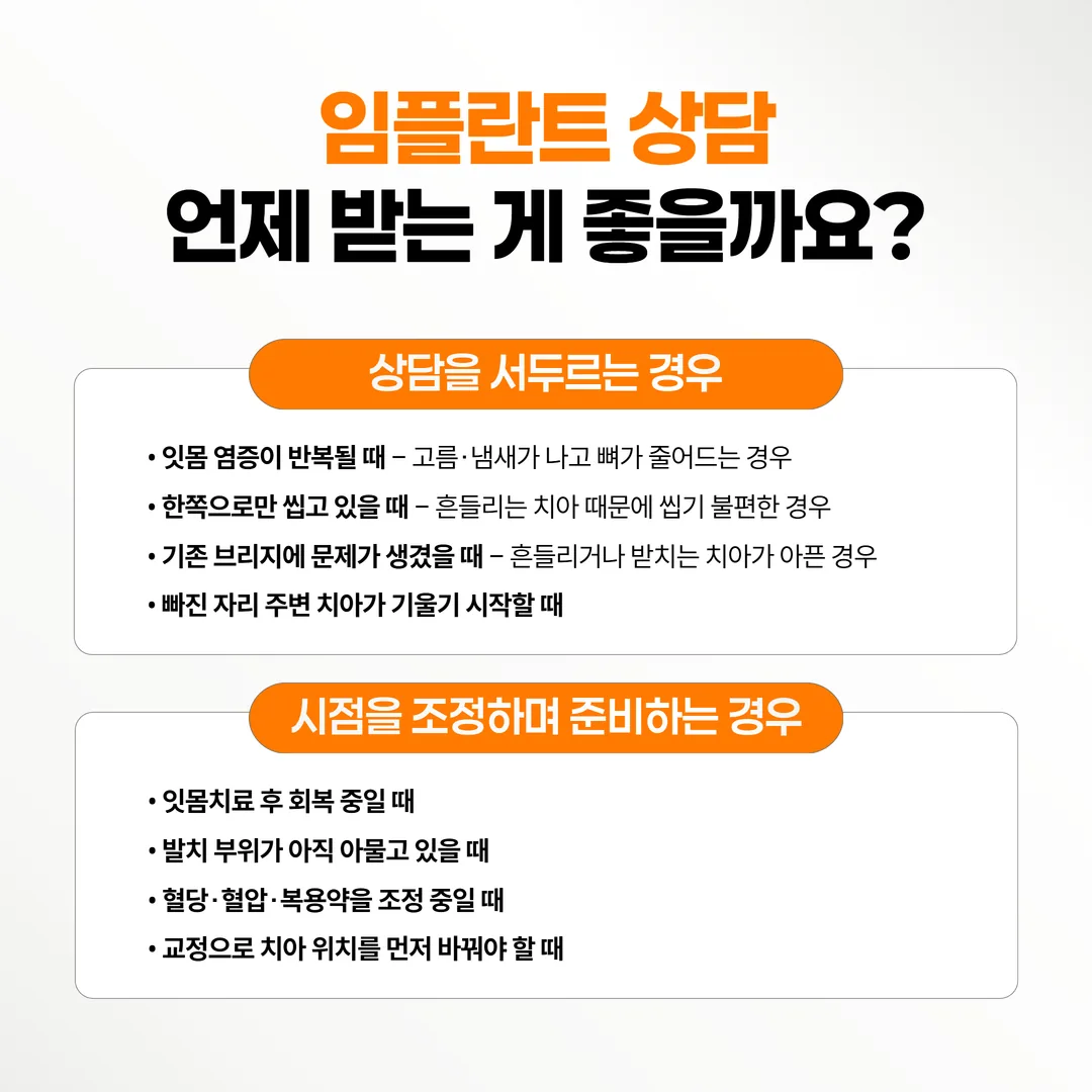 임플란트 상담 시점 판단 기준을 두 갈래로 정리한 그림
