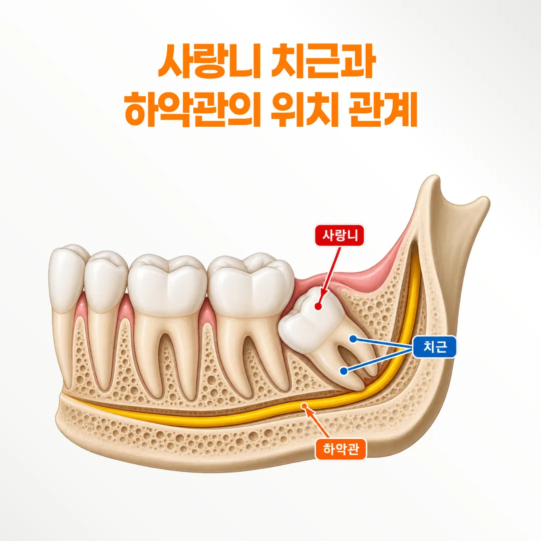 아래턱 사랑니 치근과 하악관 위치 관계를 표시한 파노라마 사진 도해
