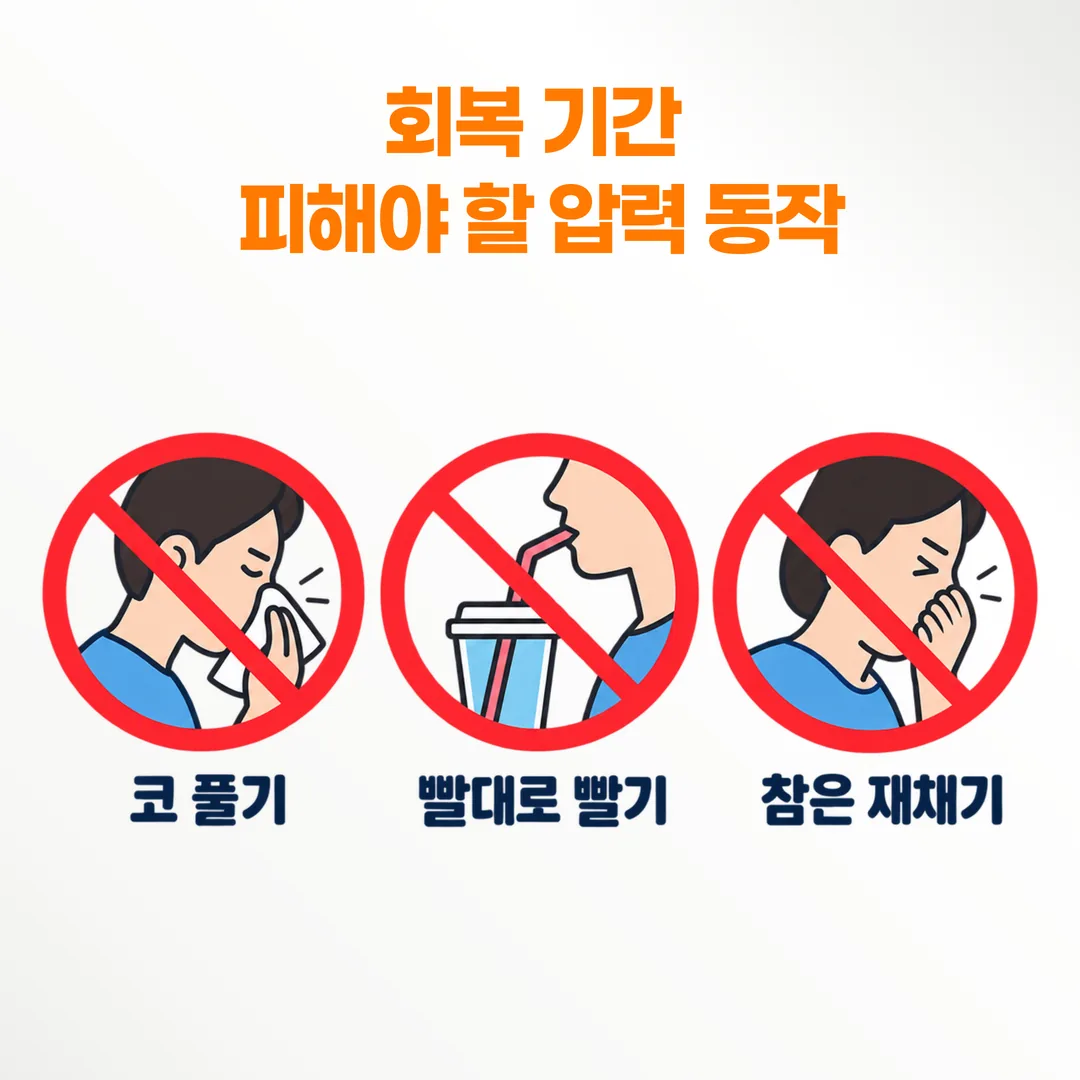 상악동 거상술 회복 기간에 피해야 할 압력 동작 세 가지를 표시한 안내 도식
