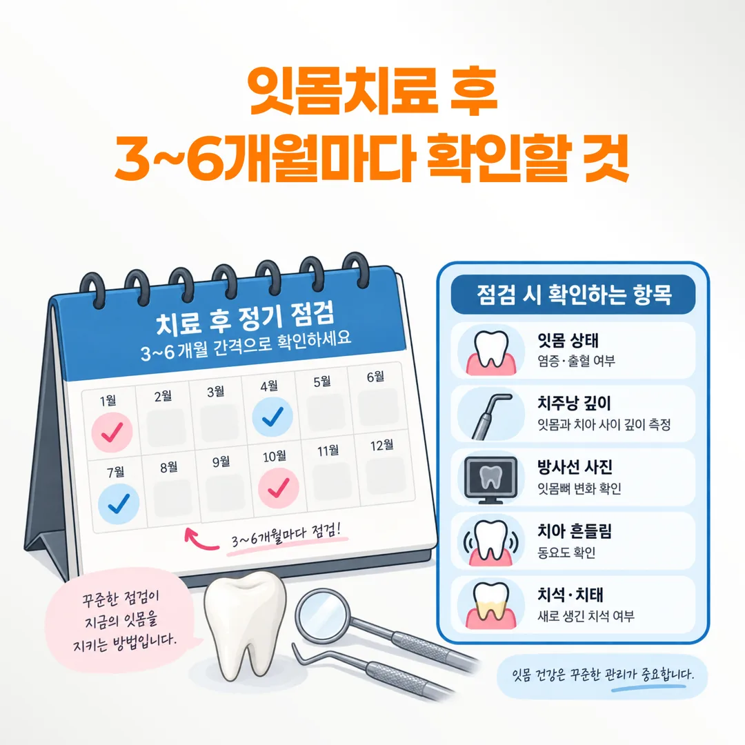 잇몸치료 후 3~6개월 간격 점검에서 확인하는 항목을 정리한 관리 일정표