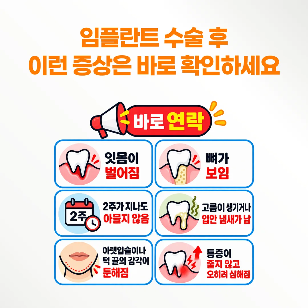 임플란트 수술 후 바로 연락해야 하는 변화를 정리한 안내 카드