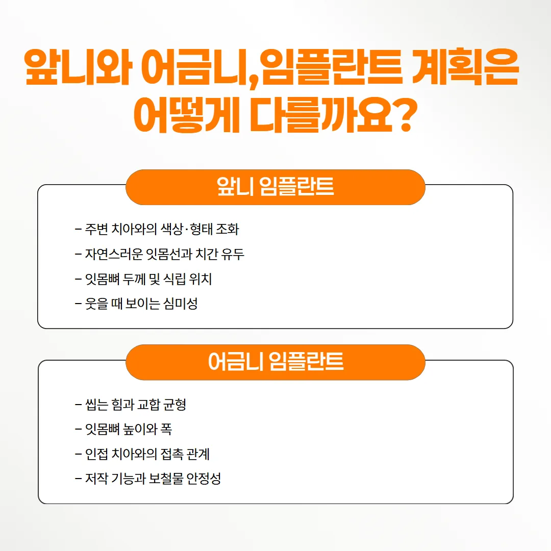 어금니와 앞니의 임플란트 계획에서 확인하는 항목을 비교한 도해