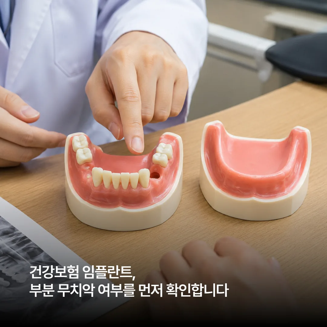 부분 무치악과 완전 무치악의 차이를 모형으로 설명하는 모습