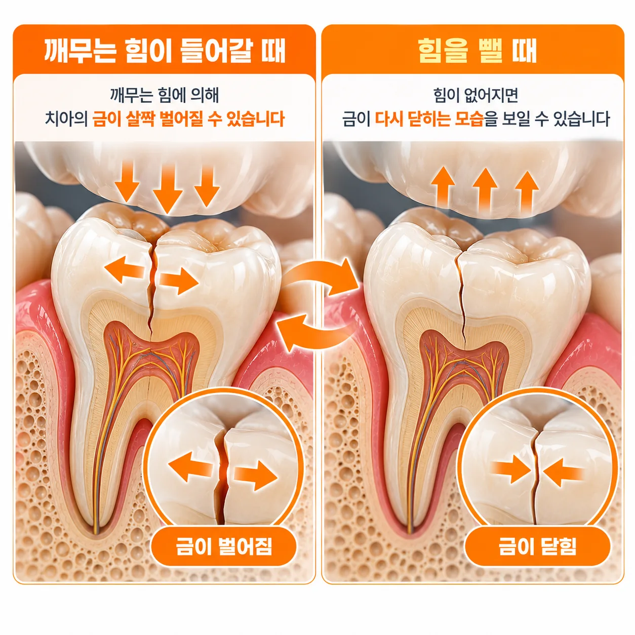 깨무는 순간 어금니의 금이 벌어졌다가 힘을 빼면 닫히는 모습을 보여 주는 단면 개념도