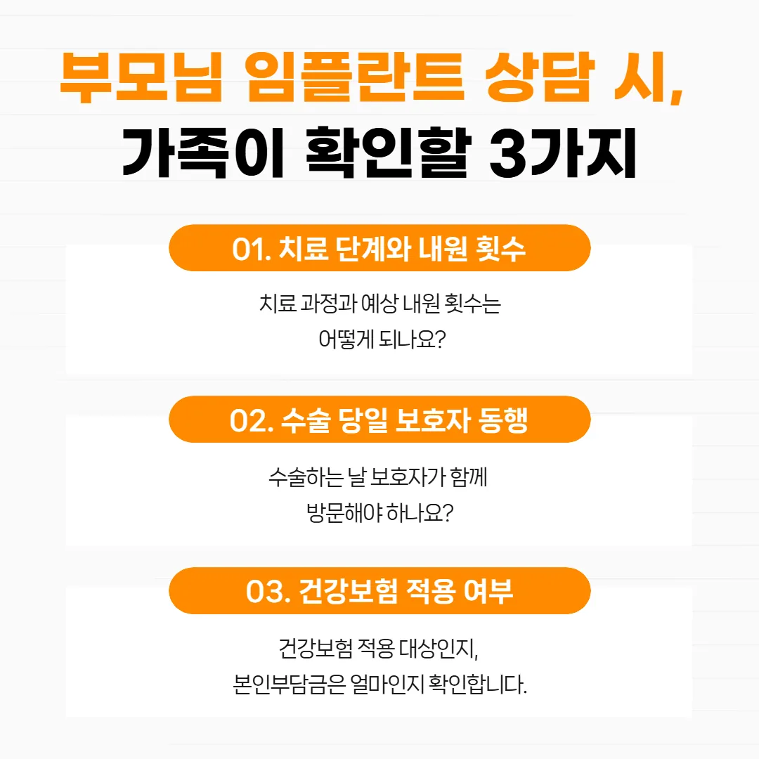 부모님 임플란트 상담에서 가족이 물어볼 질문 세 가지 메모 그림