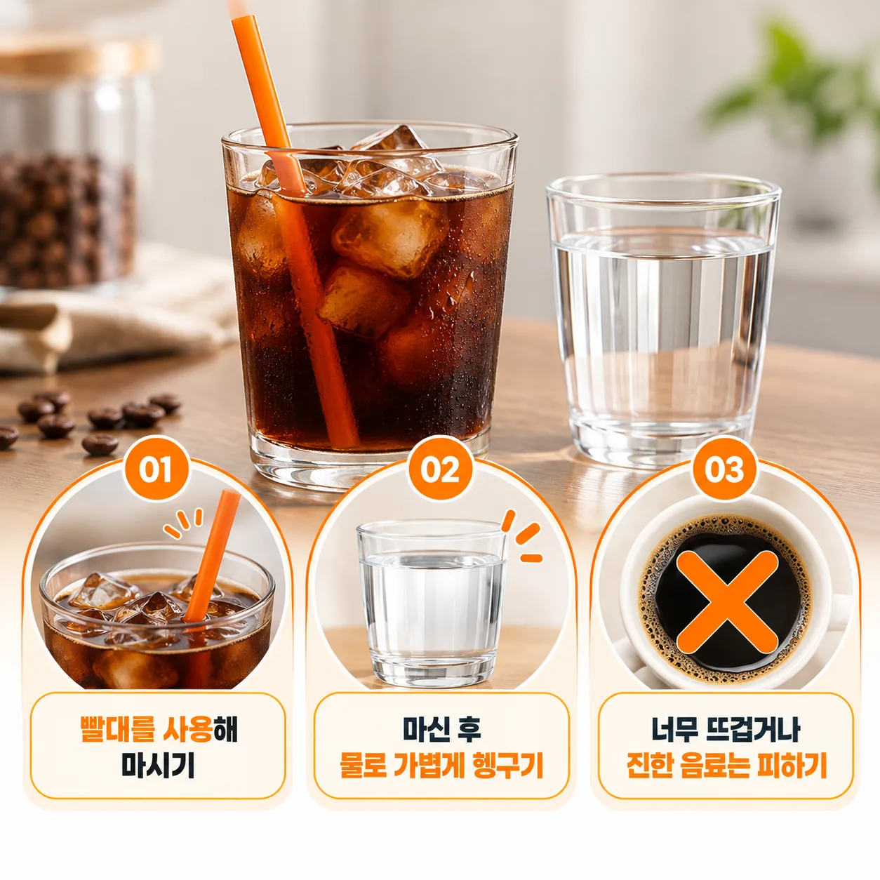 치아미백 후 커피를 마실 때 쓰는 빨대와 물 한 컵을 표시한 대표 그림