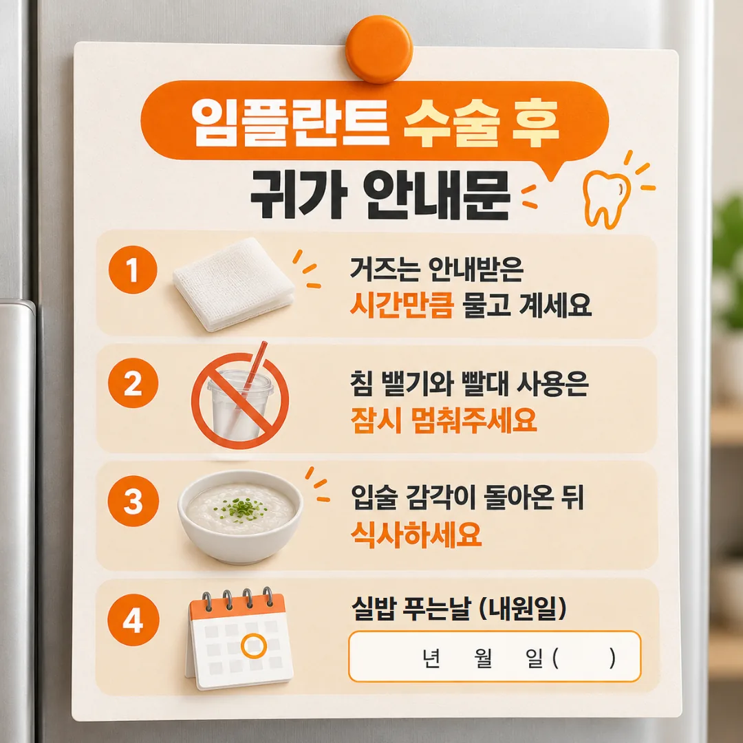 거즈, 빨대, 식사 시점, 실 푸는 날을 네 줄로 적은 임플란트 귀가 안내 메모