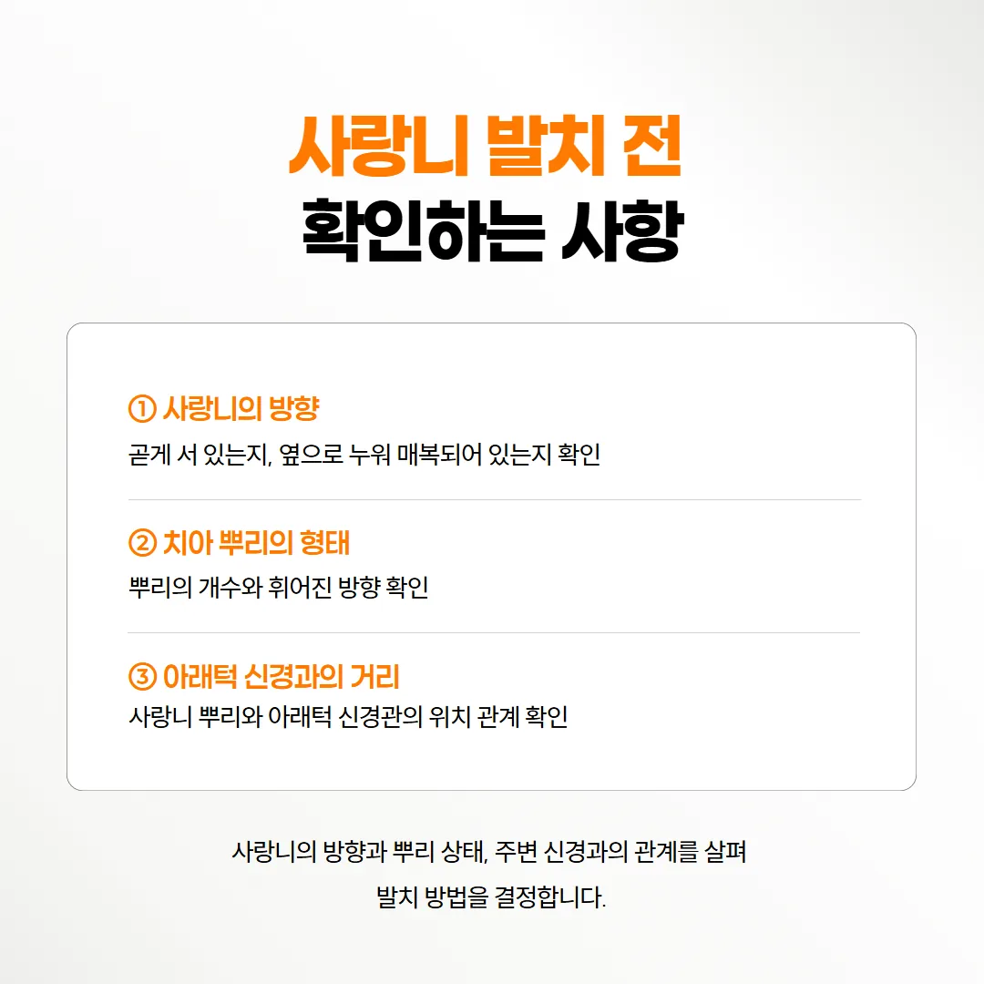 곧게 선 사랑니와 누운 사랑니의 뿌리 모양과 아래 신경까지 거리를 비교한 개념도